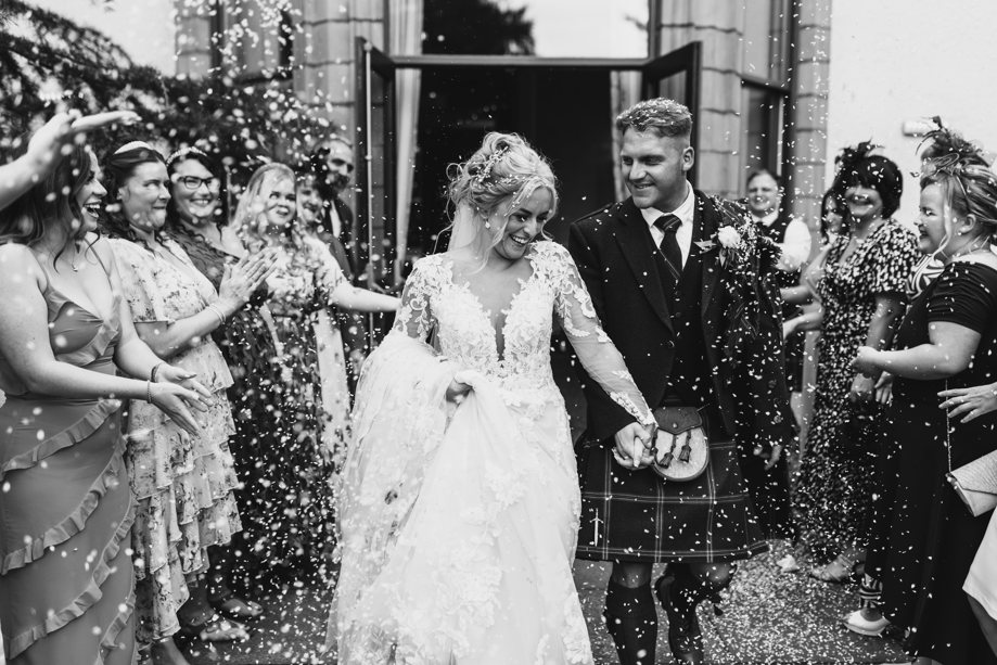 Black and white picture of confetti shot at Norwood Hall Hotel
